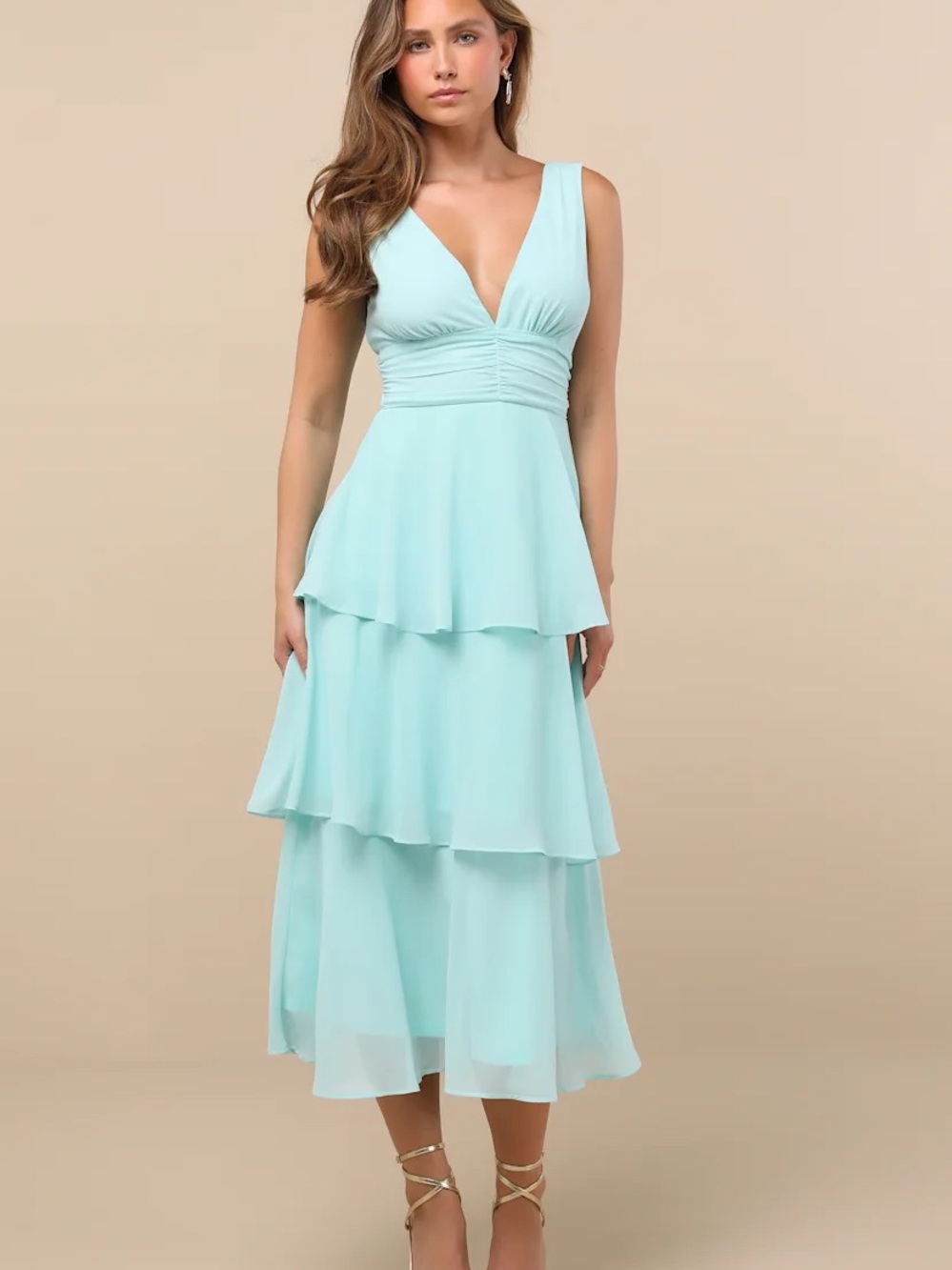 NWT Lulus Womens Large Green Tiered V-Neck Sleeveless Chiffon Maxi Dress M